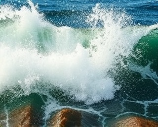 explosive Lindyspring splash, vigorous energy, bursting explosively, photorealistic, rock pool setting, highly detailed, chaotic wave patterns, ISO 400, f/11, deep sea greens and whites, harsh midday light, shot with a 120mm lens.