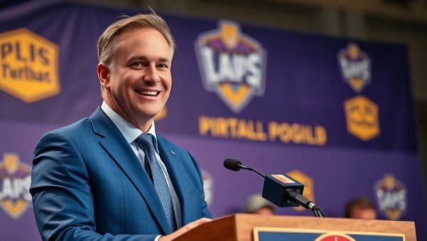 Smiling man in blue suit at a sports press conference backdrop