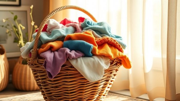Woven basket overflowing with clothes, showcasing upcycled storage ideas.