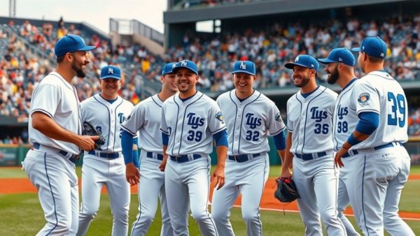 MLB players in team uniforms smiling during a game, showcasing team spirit.