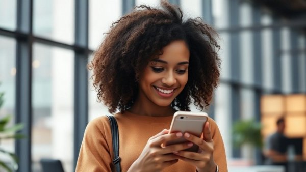 Young woman in office smiling while checking smartphone, Tips and Overtime for 2025 Tax Year.