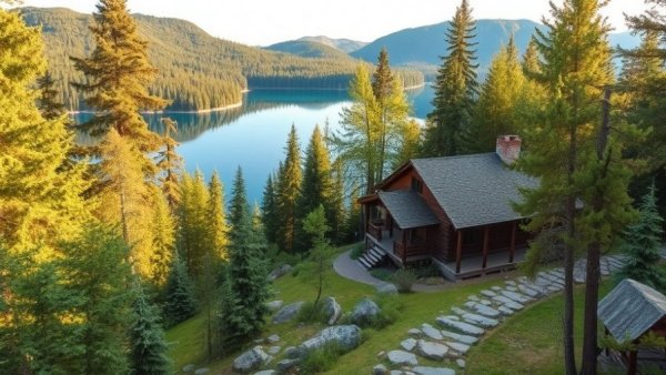 Tranquil Fawn Bluff Wilderness Retreat in Vancouver, featuring a rustic cabin by the lake.