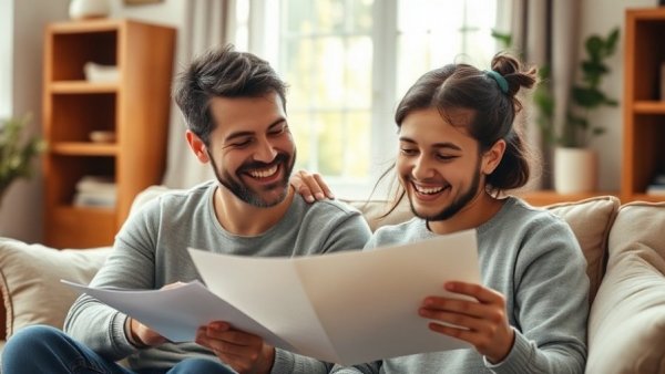 Father and daughter reviewing $1,000 Child Savings Account in cozy living room.