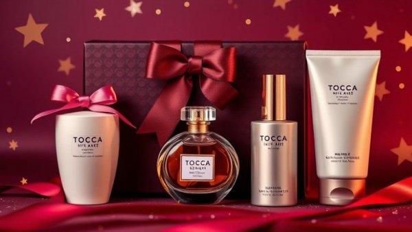 Luxurious gift sets with Tocca perfume and hair care on burgundy background.