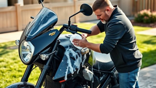 Preparing motorcycle for winter storage with meticulous washing.