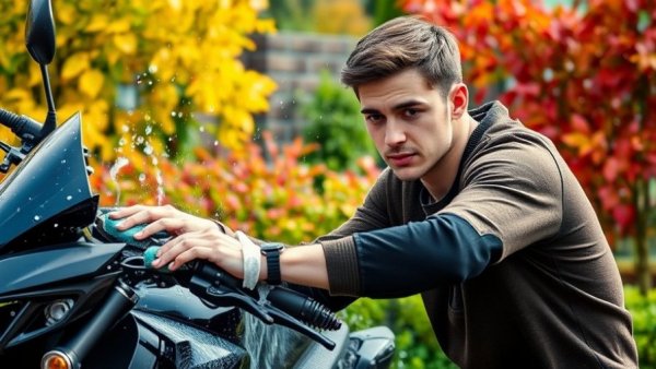 Man washing a black motorcycle in autumn garden, How to winterize a motorcycle.
