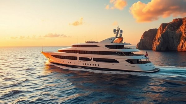 Luxury cruise ship at sunset for affluent travelers.