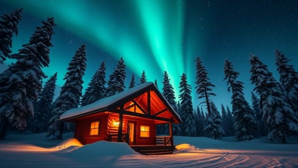 Luxury winter travel: Cozy cabin under aurora borealis.