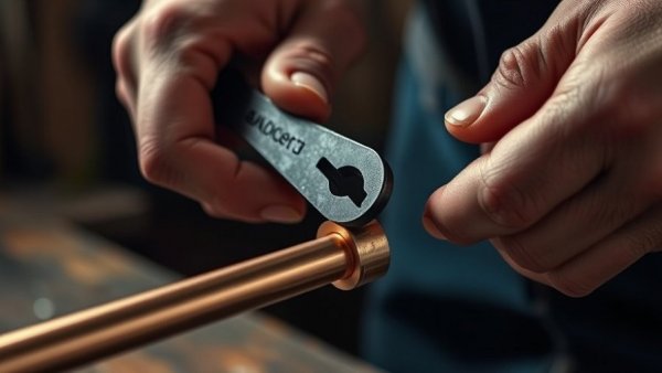 Hands cutting a copper pipe for DIY coffee maker project.