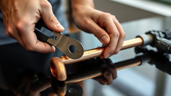 Close-up of hands cutting a copper pipe with a tool.
