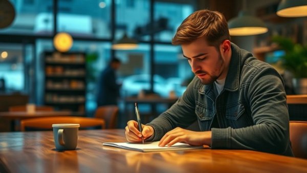 The Joy of Writing by Hand: Man writing in cozy cafe setting.