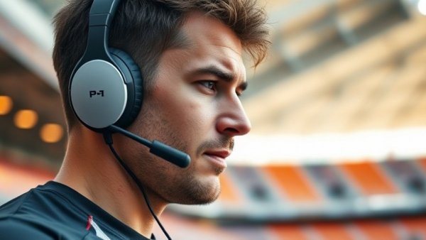 Focused man with headset at stadium, Sherrone Moore mentioned.