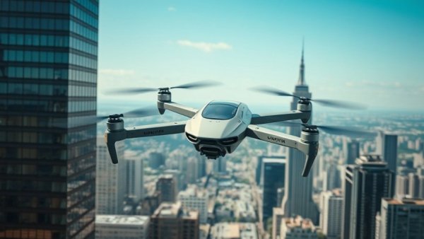 Futuristic cargo eVTOL drone over cityscape showcasing innovation.