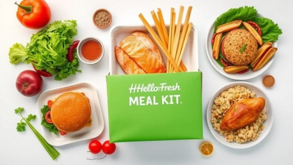 HelloFresh meal kits with fresh ingredients and prepared dishes.