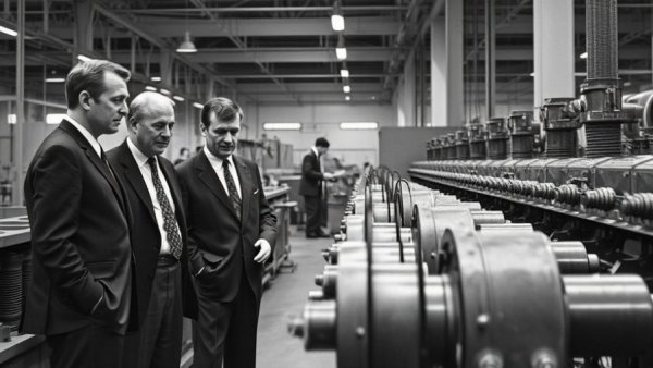 YKK on Your Zipper factory visit, vintage scene with machinery inspection.
