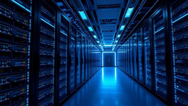 Modern data center interior with glowing servers, state taxation of data centers.