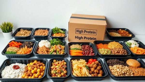 Assorted high-protein meal delivery packages with diverse dishes.
