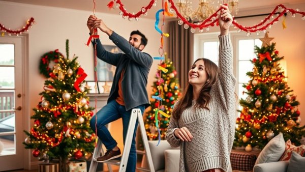 Cheerful couple creating DIY paper chains holiday decor in cozy room.