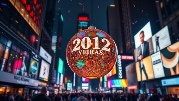 Vibrant New Year's Eve ball glowing in Times Square night.