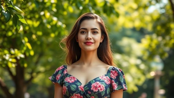 Woman confidently standing in a sunny green park.