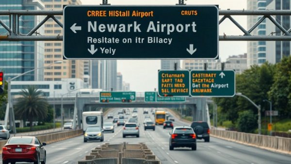 Highway signs over traffic with directions to Newark Airport.