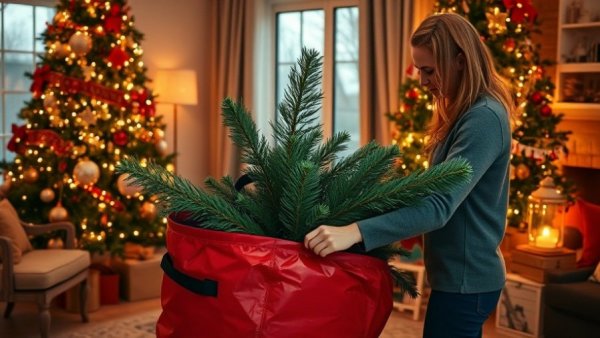Woman storing artificial tree in red Christmas bag, cozy living room.