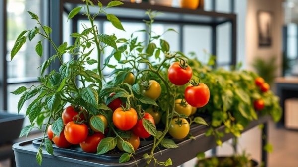 Modern smart garden setup for New Year's resolutions with vibrant tomatoes.