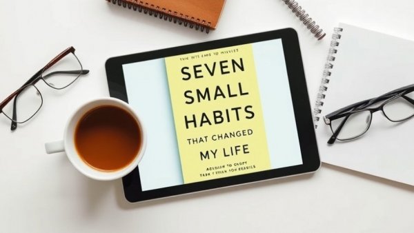 Book cover on tablet about daily health habits with coffee and glasses.
