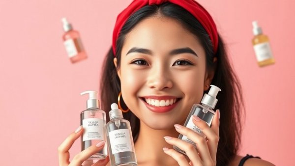 Best toners for dry skin displayed by smiling person against pink background.