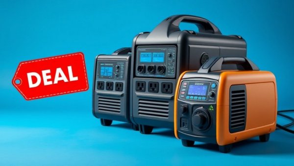 Modern portable generators and deal alert tag on blue background.