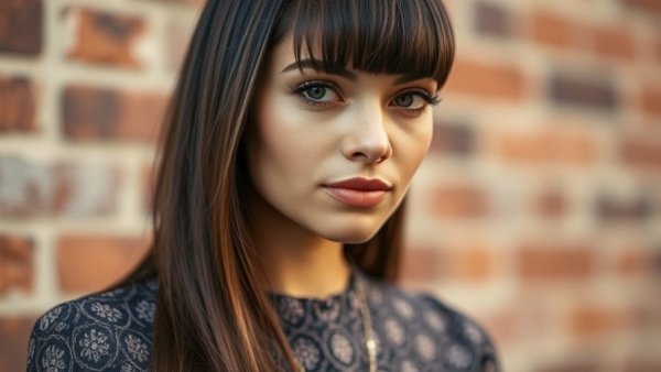 Dua Lipa with sleek hairstyle against a brick wall.