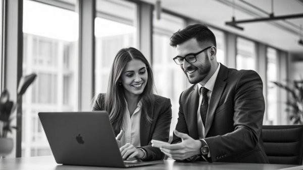 Business professionals discussing corporate tax automation benefits in an office