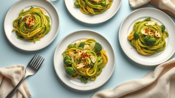 Smashed Broccoli Pasta served on stylish plates with elegant table setting.