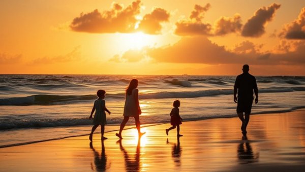 Silhouetted family walking on beach during golden sunset, family gratitude practices.