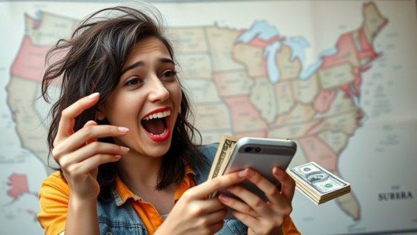 Excited woman reacts to minimum wage increase in 2026 news, colorful map backdrop.