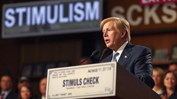 Speaker discussing Stimulus Payment January 2026 at podium with blurred cash.