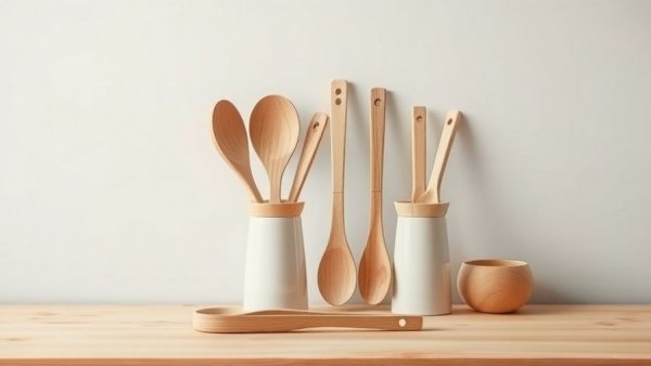Birchwood kitchen utensils on a modern gradient background.