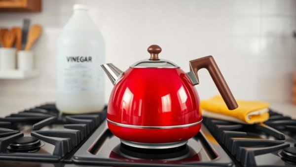 Red kettle and vinegar for descaling on kitchen stove.