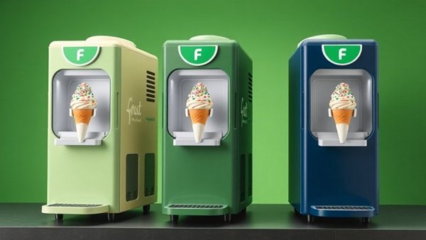 GreenPan Frost Soft-Serve Machines in three colors with ice cream.