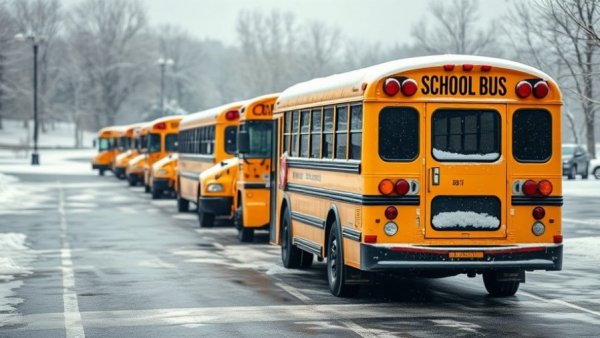 GTHA school buses covered in snow, services cancelled due to freezing rain.