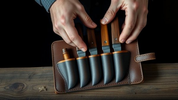Close-up of whittling knife set in leather roll, best whittling knife 2026.