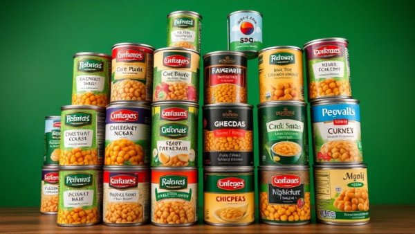 Best canned chickpeas collection with various brands on green background.