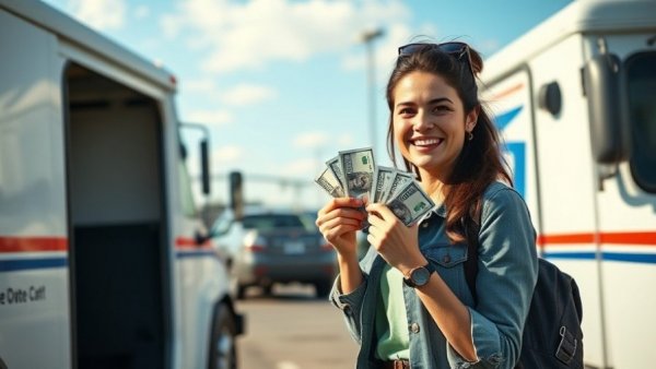 Woman holding cash by mail truck after Grand Tower Post Office burglary.