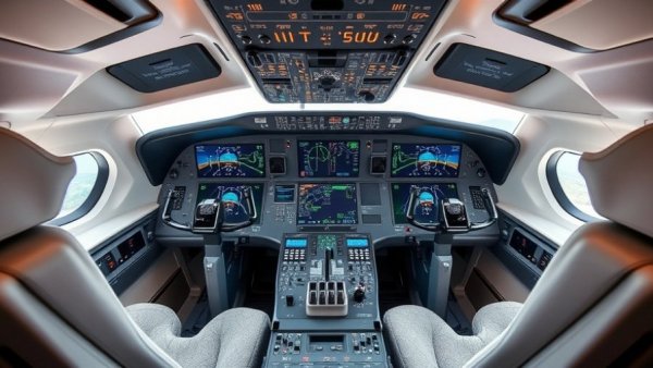 Modern airplane cockpit with advanced avionics for learning to fly.