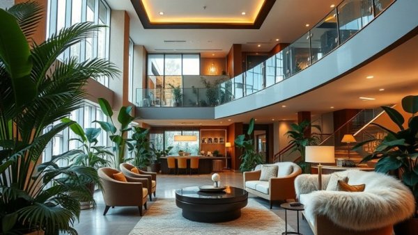 Eco-Conscious hotel lobby in Seattle with lush greenery and modern design.