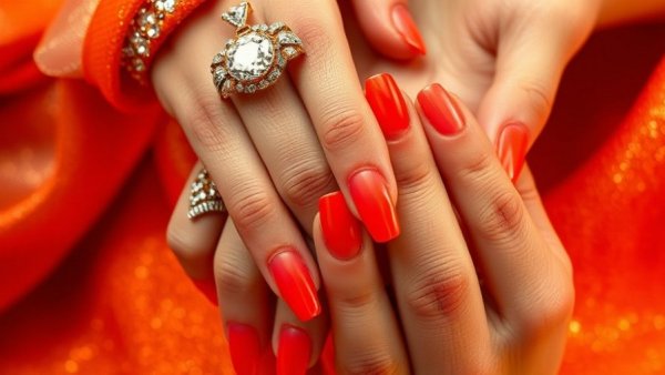 Fiery orange winter nail trend with sparkling designs and jewelry.