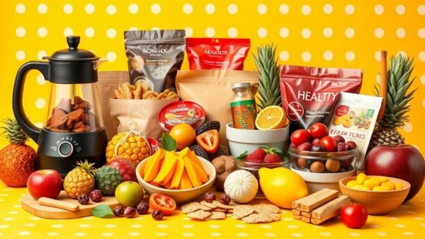 Colorful healthy kitchen products on yellow background, stock a healthier kitchen.