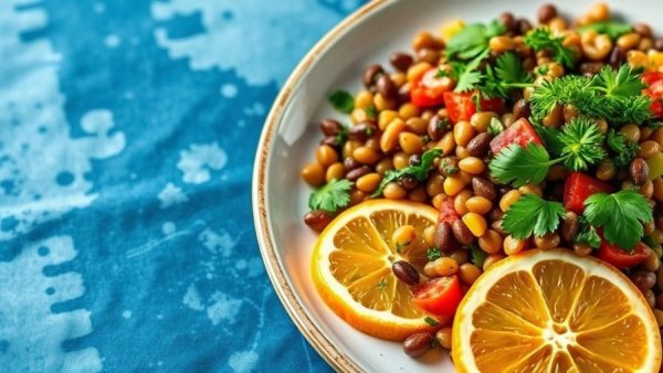 Vibrant lentil and citrus salad on blue plate, lentil recipes beyond soup.