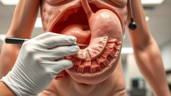 Detailed anatomical stomach model examined in a medical setting.