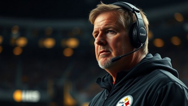 Focused football coach in Steelers attire, thoughtful look in stadium.